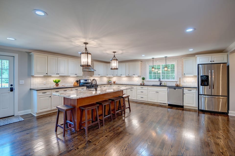 Spacious kitchen with large island, seating for 6.