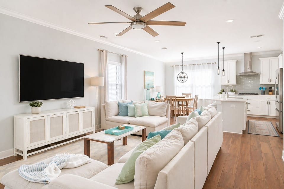 Spacious open-concept living room connected to the kitchen and dining area. A comfortable gathering space designed for relaxing, watching TV, and spending time together.