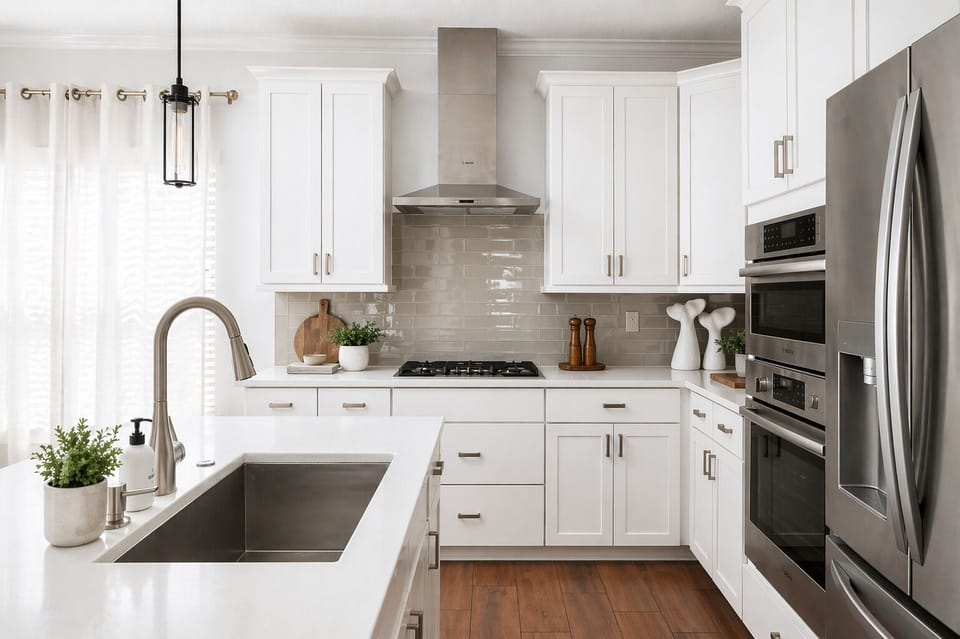 The heart of the home — a bright, coastal-inspired kitchen with stainless appliances, a large island with bar seating, and plenty of space for morning coffee or evening meals together.