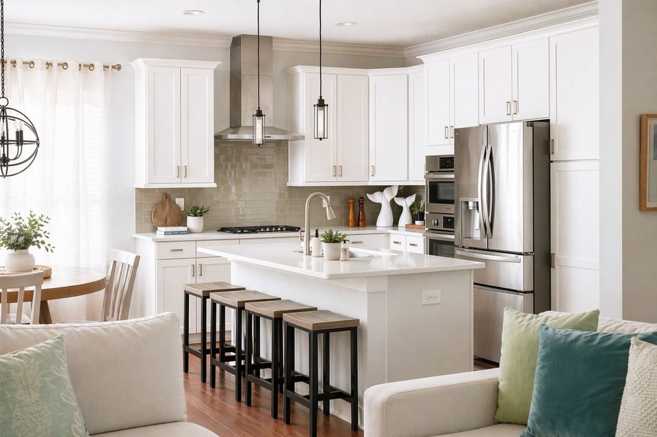 Modern coastal kitchen featuring custom cabinetry, stocked with everything you need to cook, gather, and entertain.