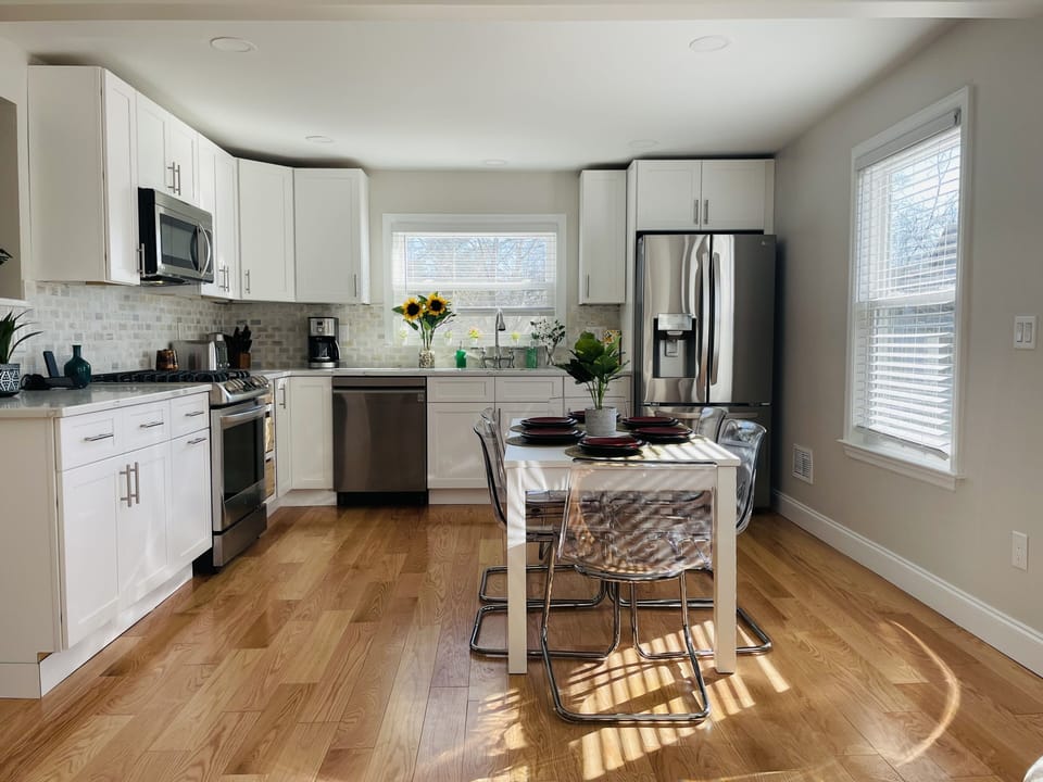 Countertop drawers contain cooking and eating utensils as well as pots and pans.