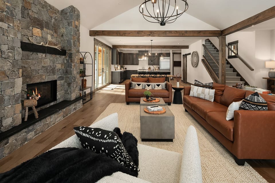 Sanctuary Villa: - Large great room with a ledgestone gas firepace.