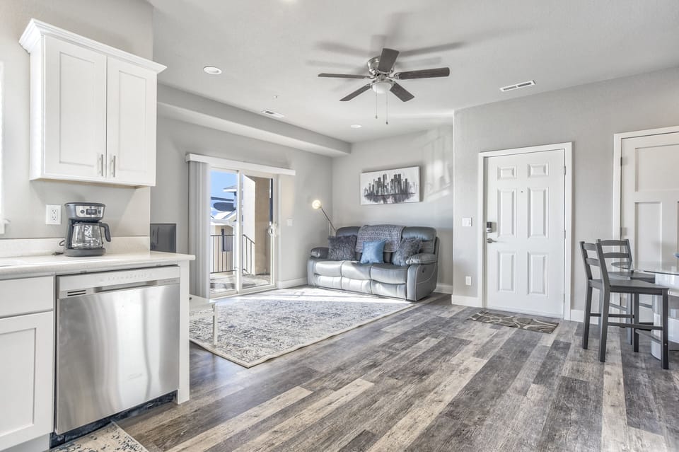 Open flow from kitchen into the living room and dining area