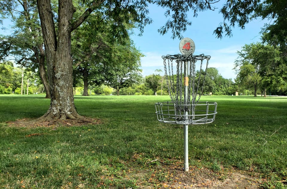 Warsaw went 'n got fancy. Frisbee catching robots!  @ Warsaw Disc Golf Park.