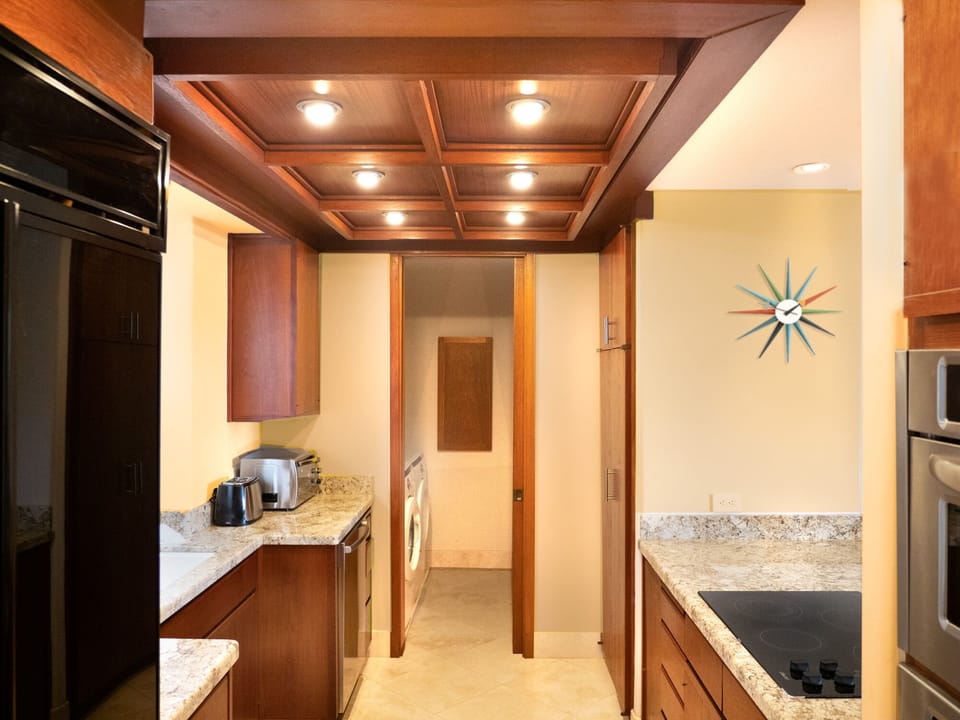 Kitchen with Mahogany Ceiling. Full washer/dryer in background