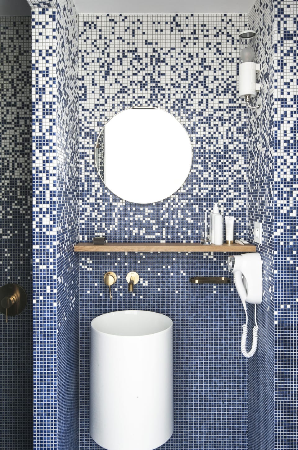 Shower, hydromassage showerhead, designer toiletries, hair dryer