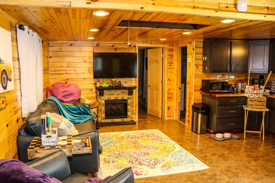 cozy seating and a 50" Roku TV on a swivel mount for easy viewing