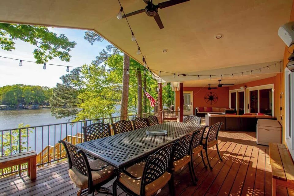 The outdoor dining table seats 10 and what a view!