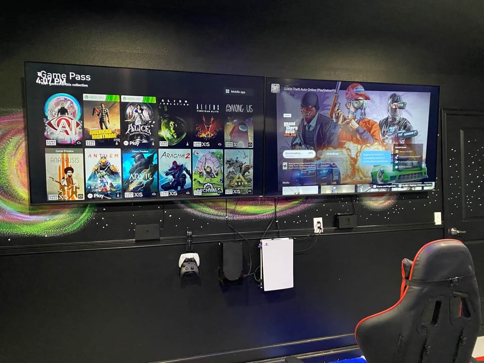 Two 65" TV's with X-Box, PlayStation and Nintendo Switch ready docking bay