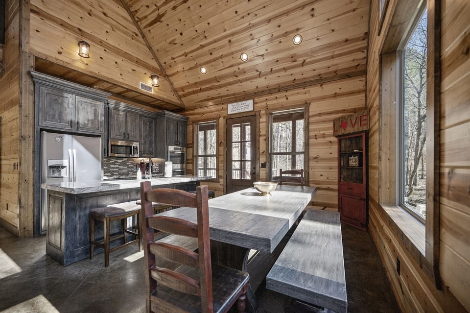 Rustic style dining with benches
