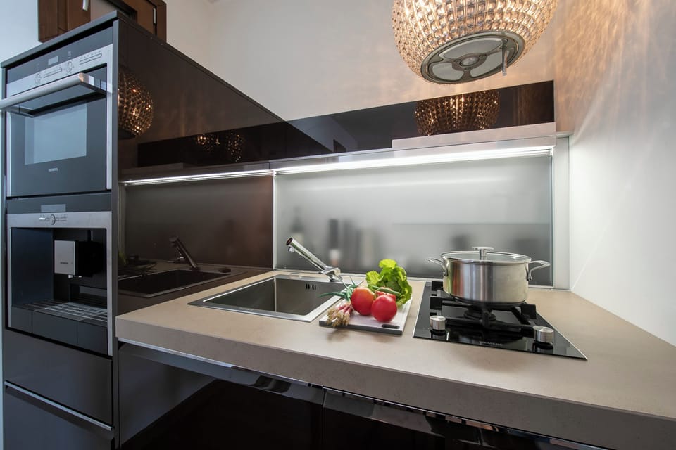 Standard Apartment, 1 Bedroom, Microwave, Mountainside (Panorama Lake View Apt + Pool & Beach) | Private kitchen | Coffee/tea maker, fridge, microwave, stovetop