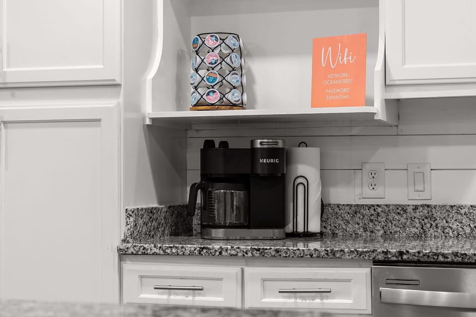 Greet the day with both a drip and Keurig coffee maker at your fingertips. Bring your favorite coffee and filters, and take your morning cup to the upstairs balcony for beautiful gulf views!
