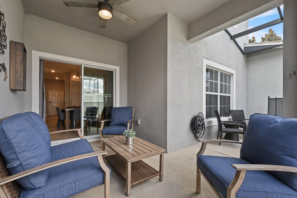 Furniture on lanai includes cushioned seating, bistro type seating, & 2 loungers