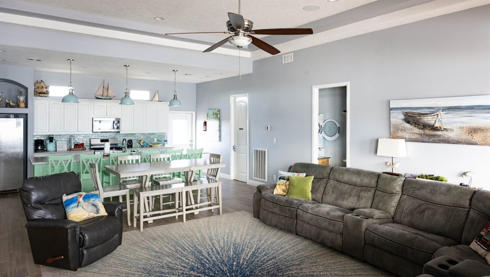 Open concept into the dining and kitchen area