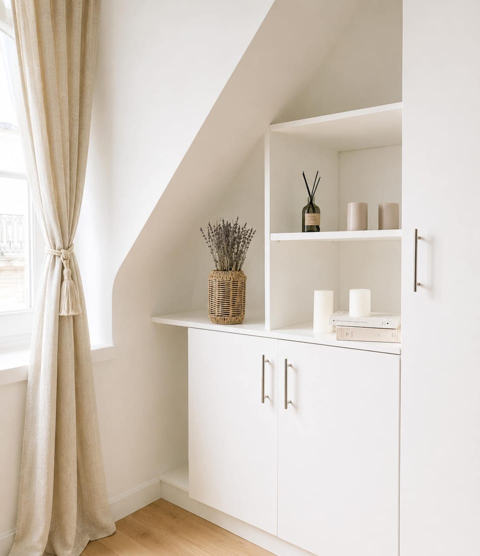 Bright Lounge with Stylish Décor & Storage Space
