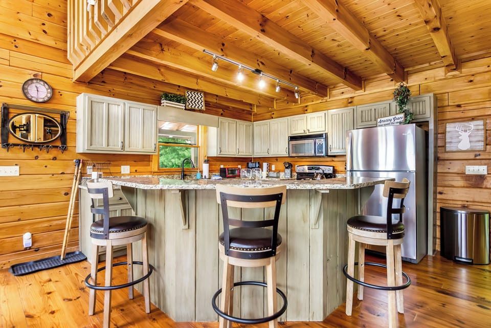 Breakfast bar seats 3—perfect for morning pancakes or evening wine.