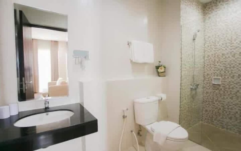 Shower, free toiletries, towels, soap