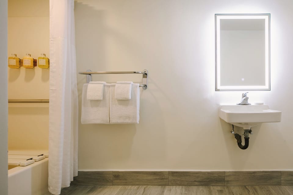 Designer toiletries, hair dryer, towels