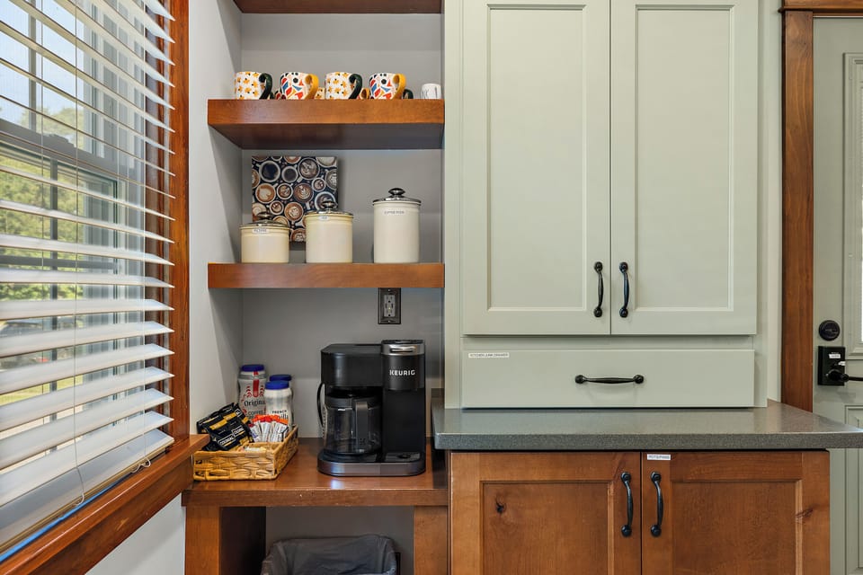 Home has a coffee bar and all the fixings to make a great cup of coffee 