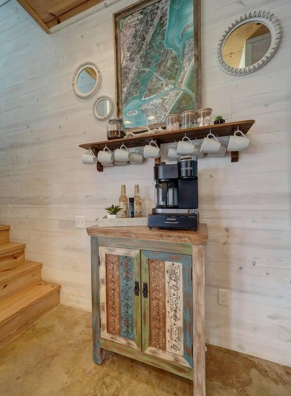 Coffee bar with drip coffee machine and Keurig. We also include creamers, coffee, filters, and Keurig cups.