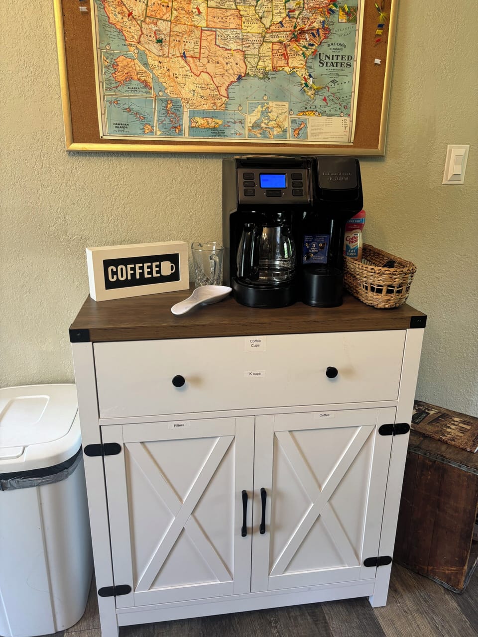 Coffee maker and supplies.
