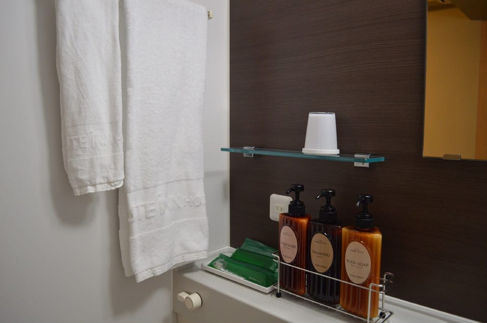 Hair dryer, slippers, towels