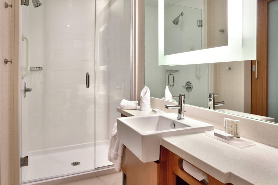 Combined shower/tub, free toiletries, hair dryer, towels