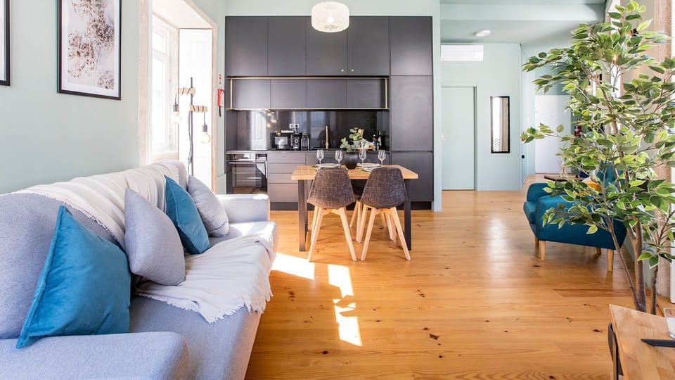 Living area overviewing modern kitchenette #portugal #airbnb #relax #porto #downtown