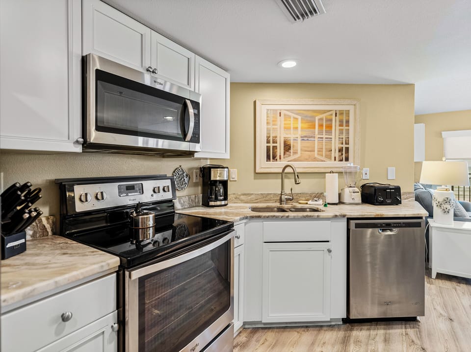 Kitchen View with appliances . Great place to eat in and for a fun vacation