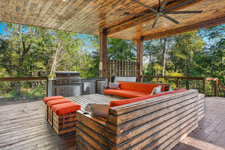 There is plenty of outdoor seating to enjoy the stunning forest views.