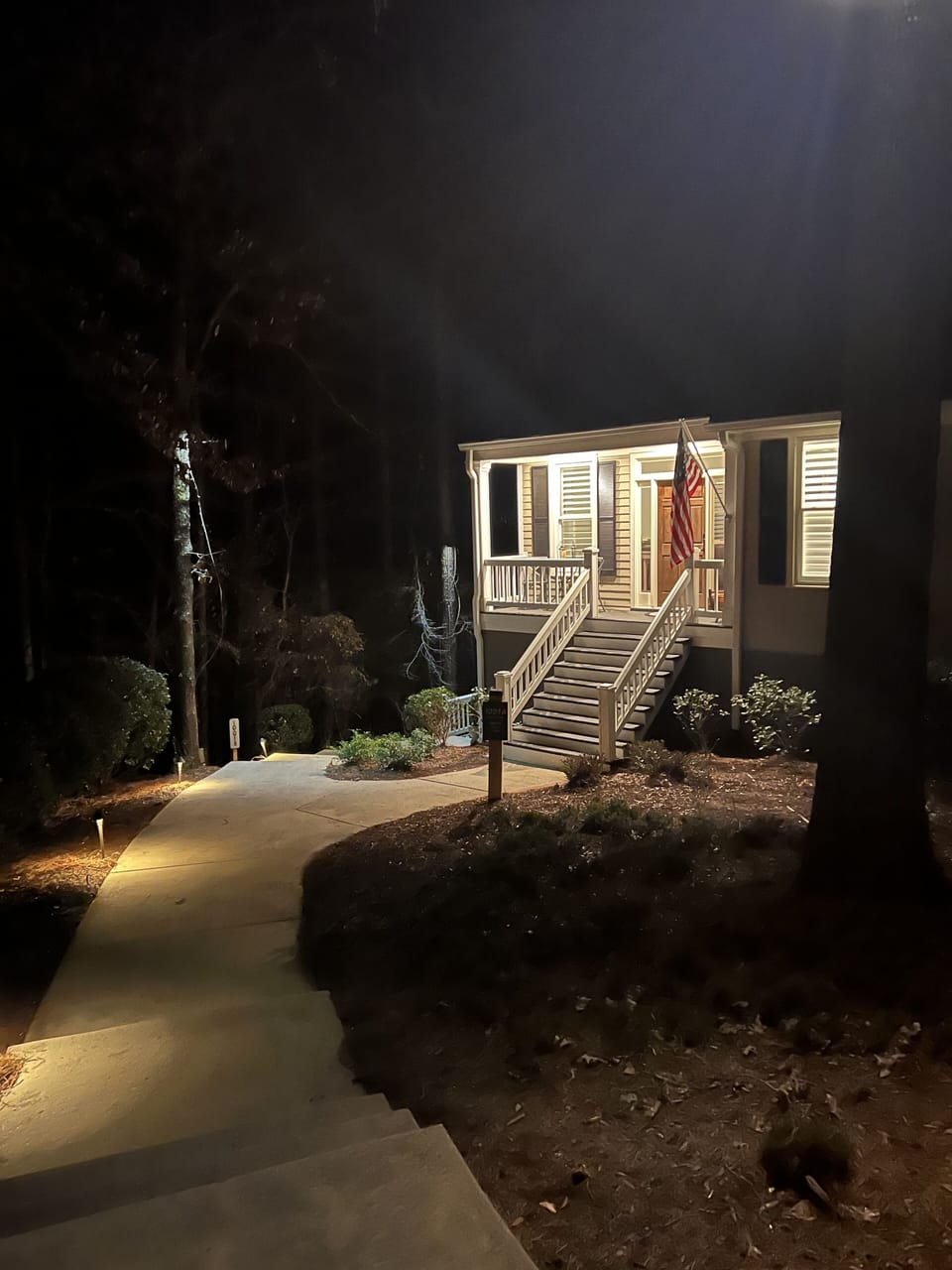 Front Entrance at Night, well lighted.