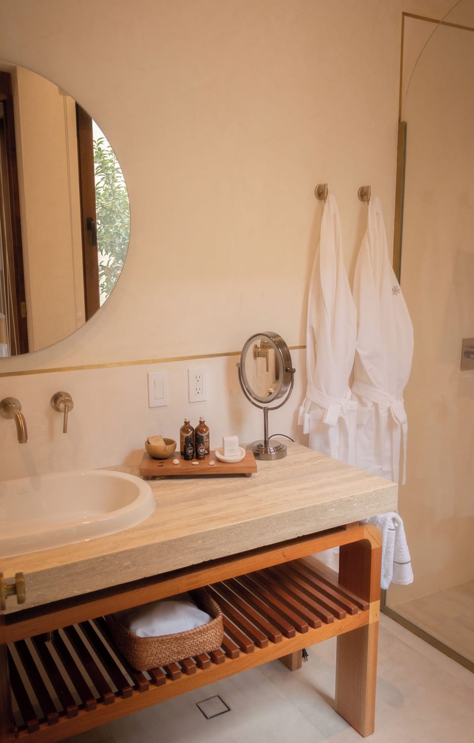 Shower, hair dryer, slippers, towels