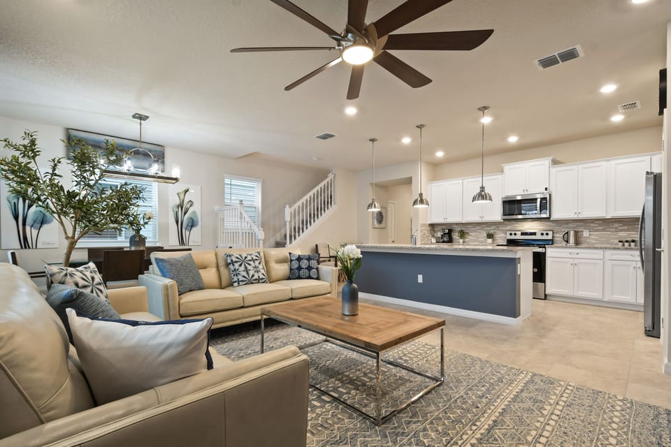 View from patio doors across living area