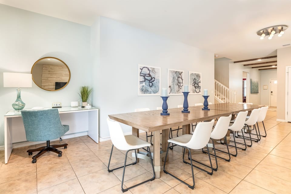 Comfortable dining for 12 makes for great family meals.  We also feature a small workspace for those who have to work and play at the same time.