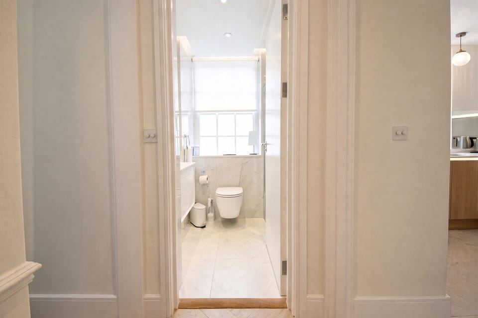 Light-filled bathroom located near bedrooms.