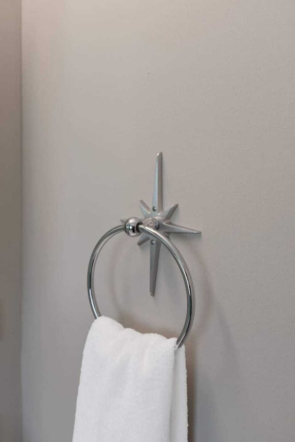 Rare retro atomic starburst designed bathroom hardware (hand towel holder).