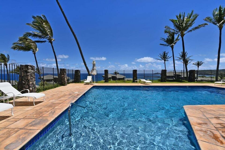 Infinity-style resort pool overlooking the Pacific Ocean, offering breathtaking views framed by palm trees and blue skies.