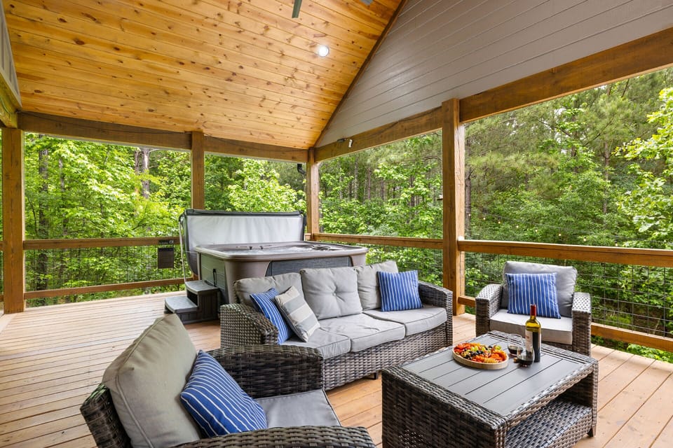Our 1,000 sq foot deck allows for relaxing, seating, and hot tub soaking! The best part are the views are endless especially when the leaves are full!