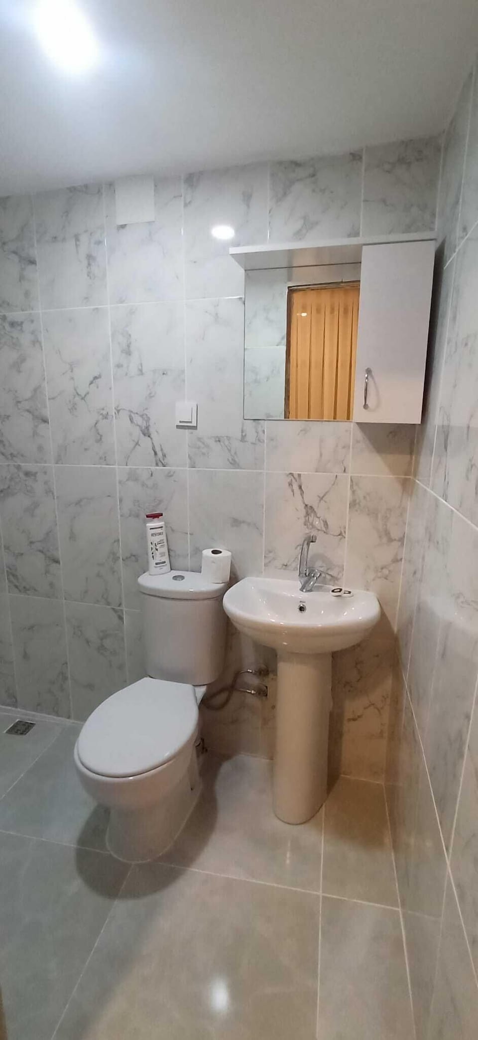 Shower, rainfall showerhead, hair dryer, slippers