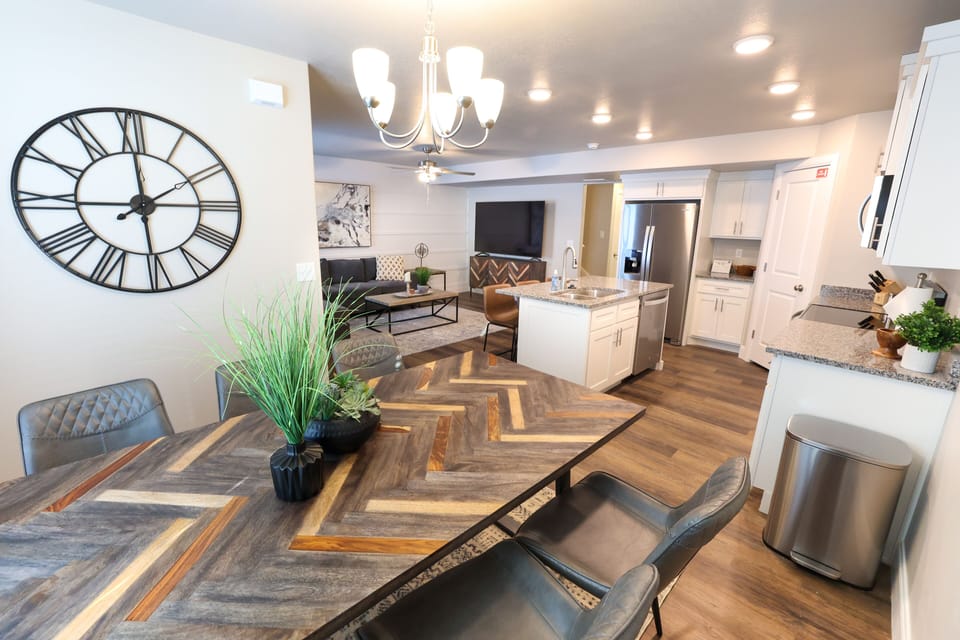 Dining room, kitchen, and living room