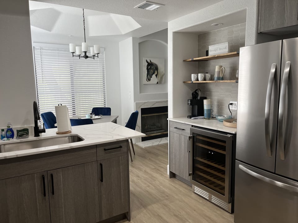 Drink station for morning coffee or afternoon wine w/ wine fridge 
