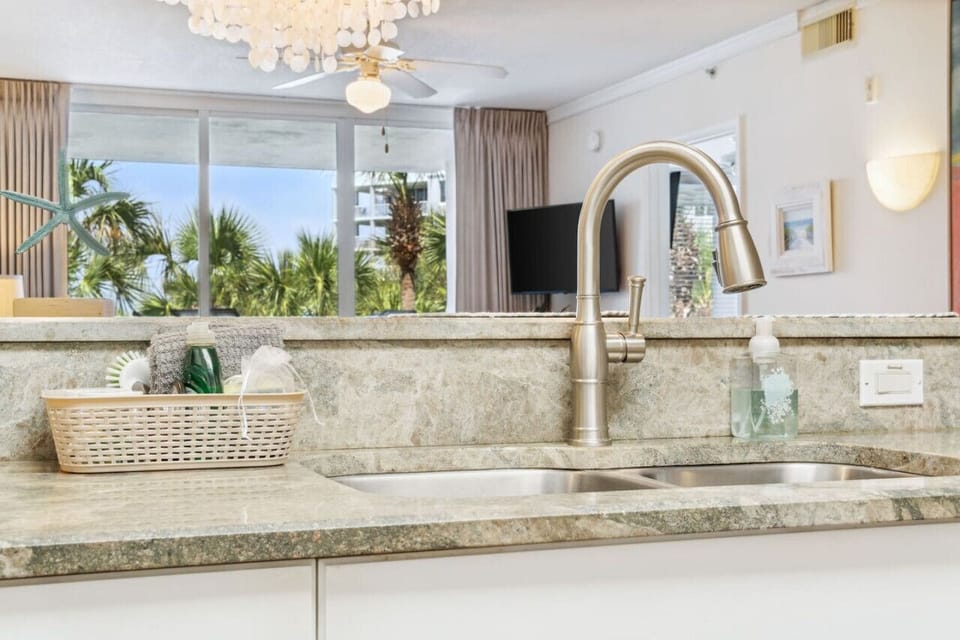 Kitchen cleaning tray with starter set up and a view