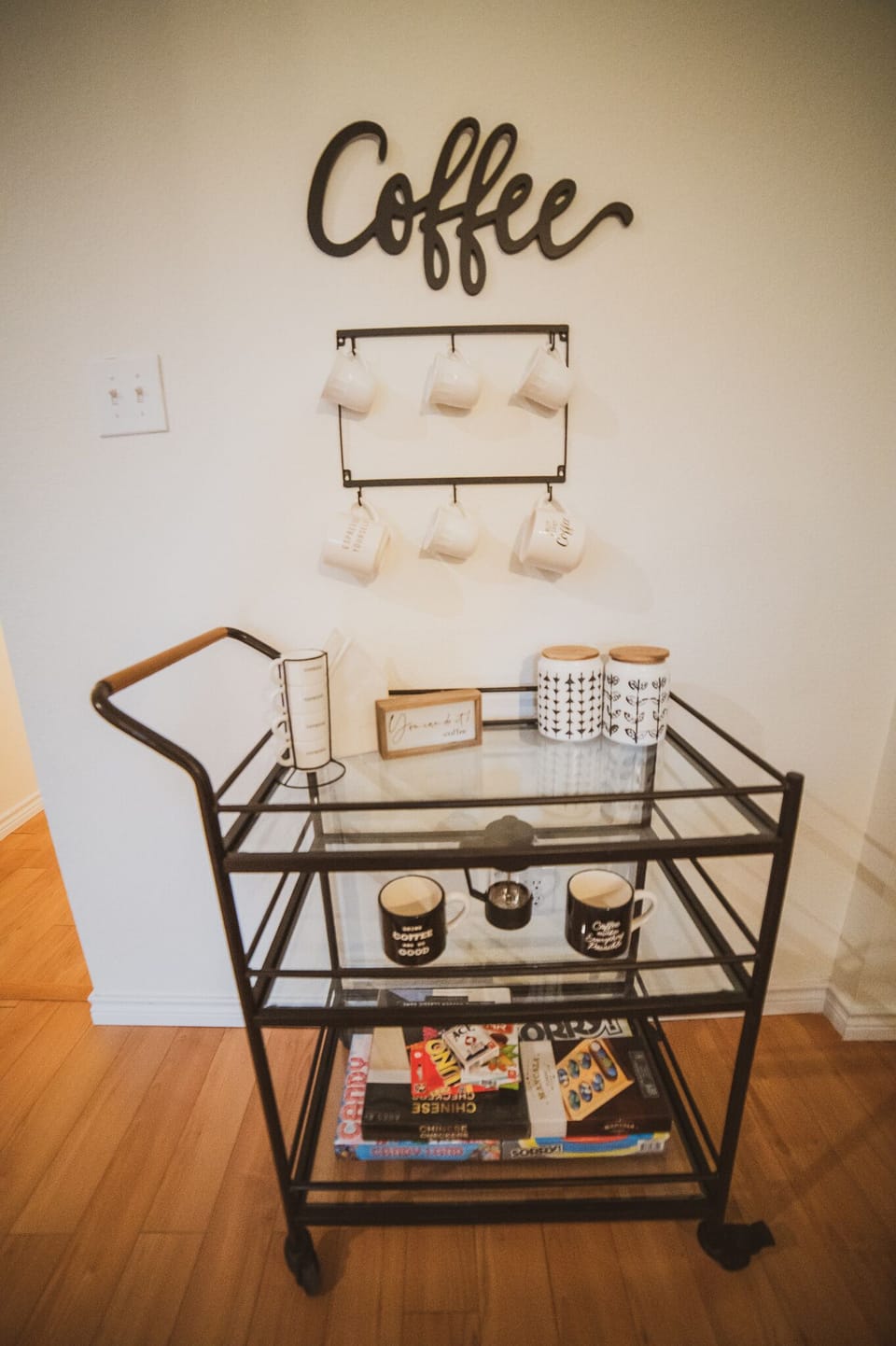 Board Games & Coffee Bar w/ all the fixings - drip pot + french press included 