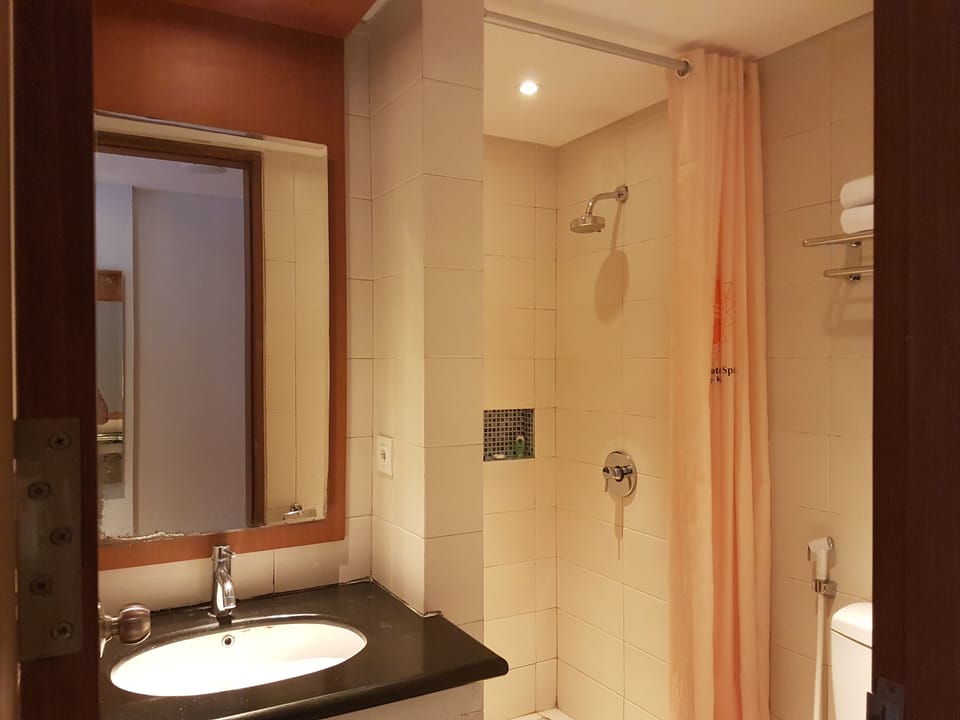 Shower, free toiletries, hair dryer, towels