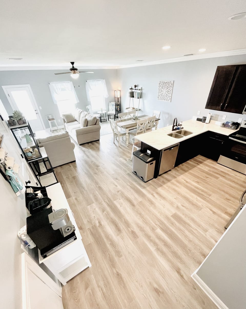 Birds eye view from the entry of the entire open concept layout