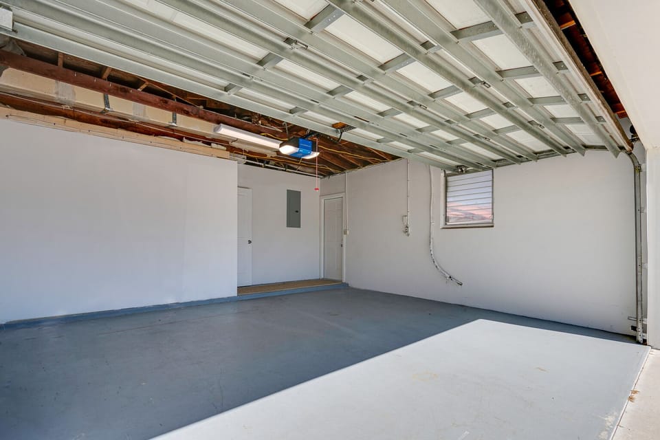 Garage fits one car comfortably or 2 small cars. 