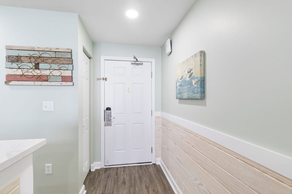 New wood trim throughout hallway 