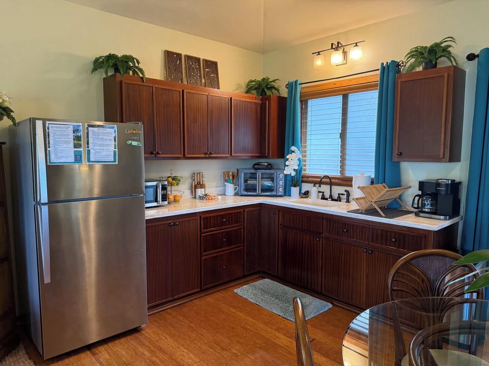 Kitchen-fridge, microwave, convection oven, burner, sink, and coffee maker.