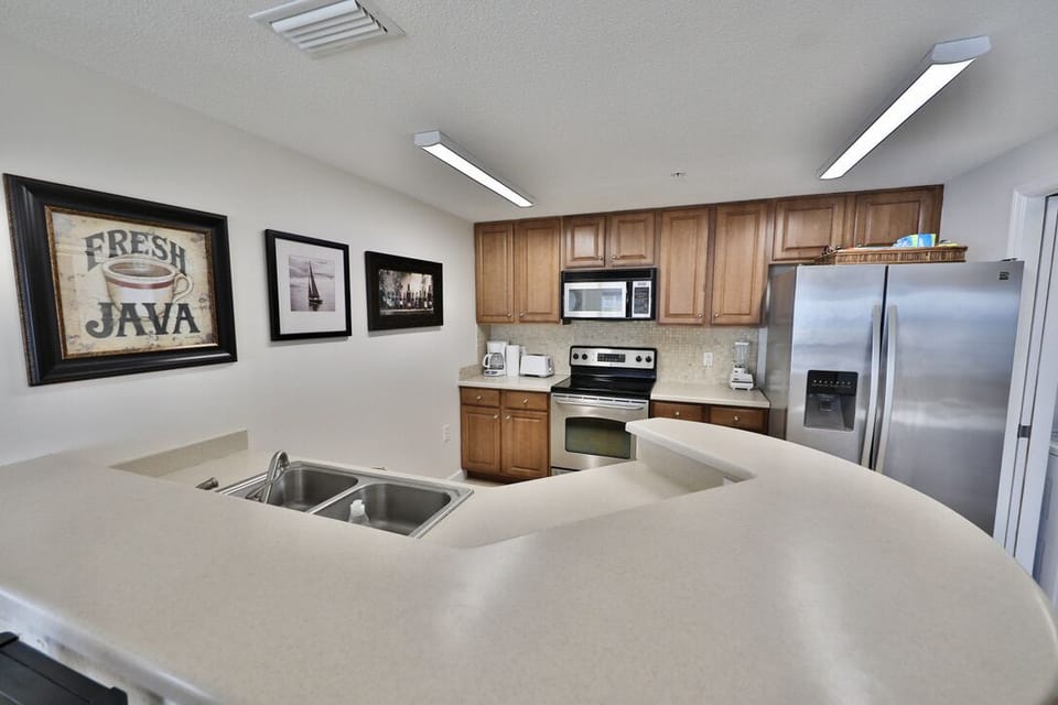 Fully stocked kitchen.