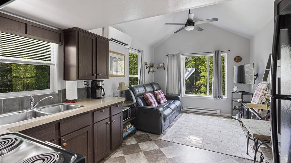 Modern kitchen and living space with vaulted ceilings